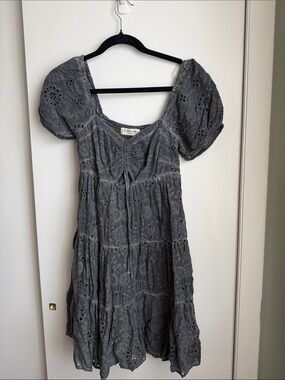 Lucky Brand Charcoal Eyelet Puff-Sleeve Mini Dress